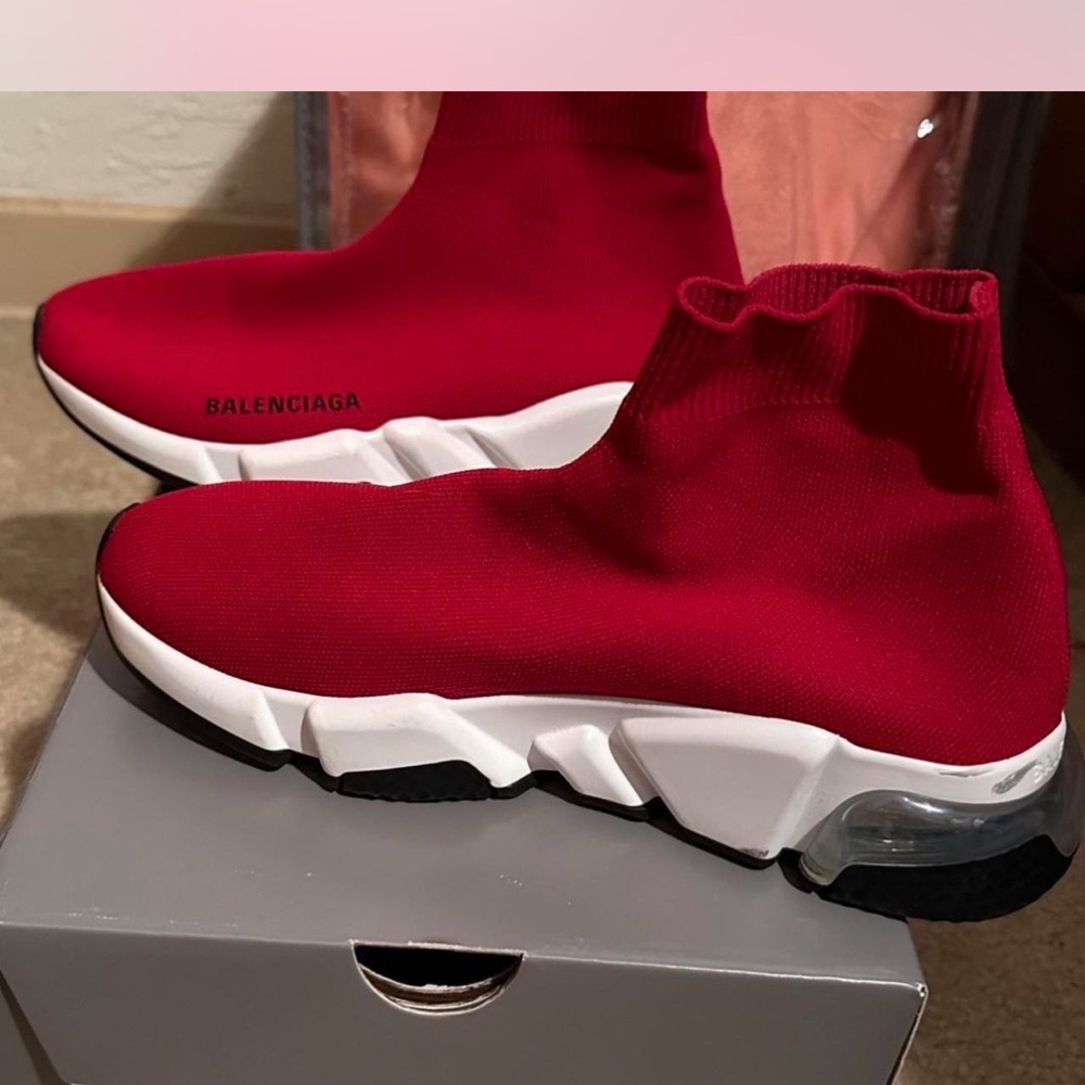 Balenciaga Red and White Knit Sneakers - Picture 3 of 8